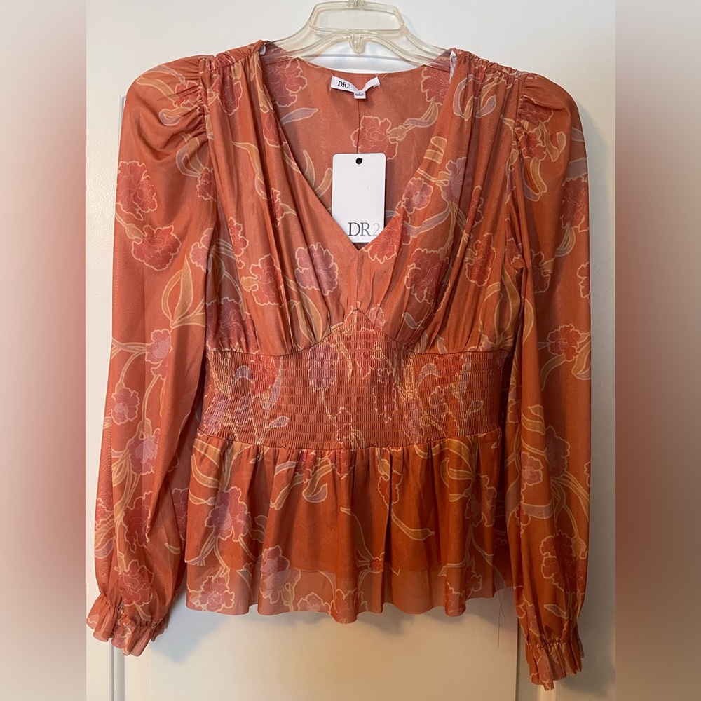 DR2 Women's Orange Floral Blouse NWT Medium